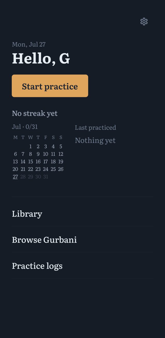 Shabad Studio home screen showing today's practice, streak calendar, and library
