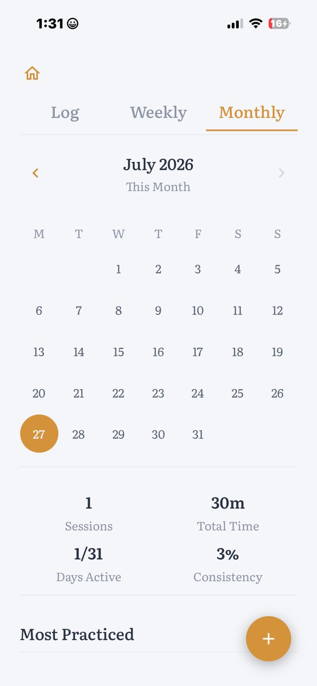 Monthly view showing sessions, total time, and consistency